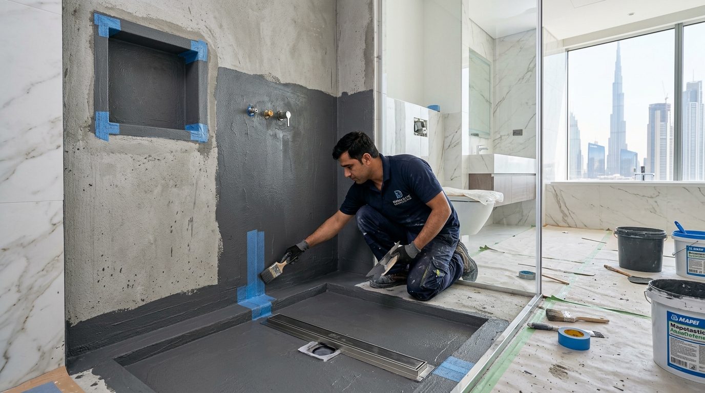Bathroom floor waterproofing failure and shower drain fall correction in Dubai